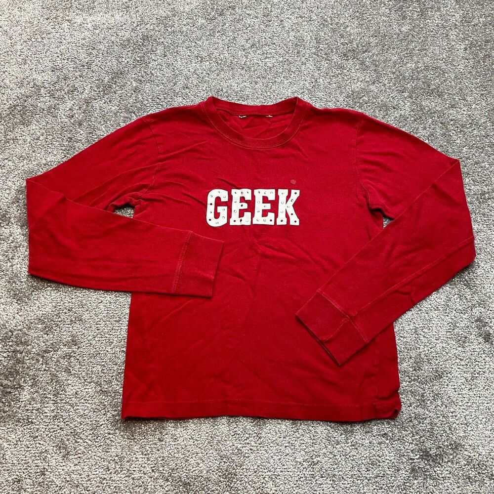 Unbranded Shirt Girls Large Red Long Sleeve Geek Logo with Rhinestones Crew Top